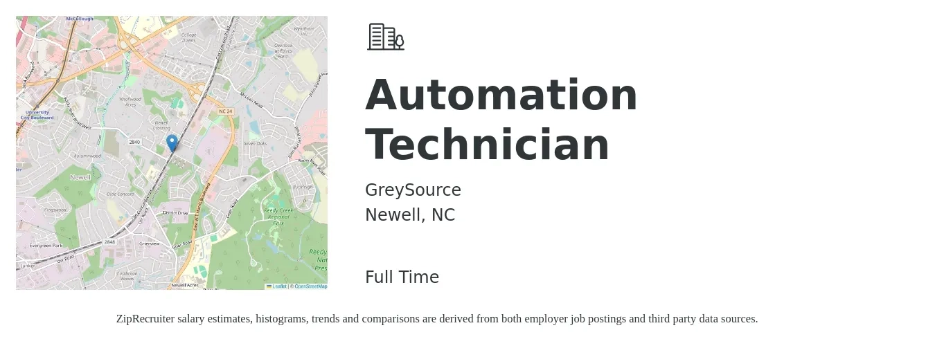 GreySource job posting for a Automation Technician in Newell, NC with a salary of $37,900 Yearly with a map of Newell location.