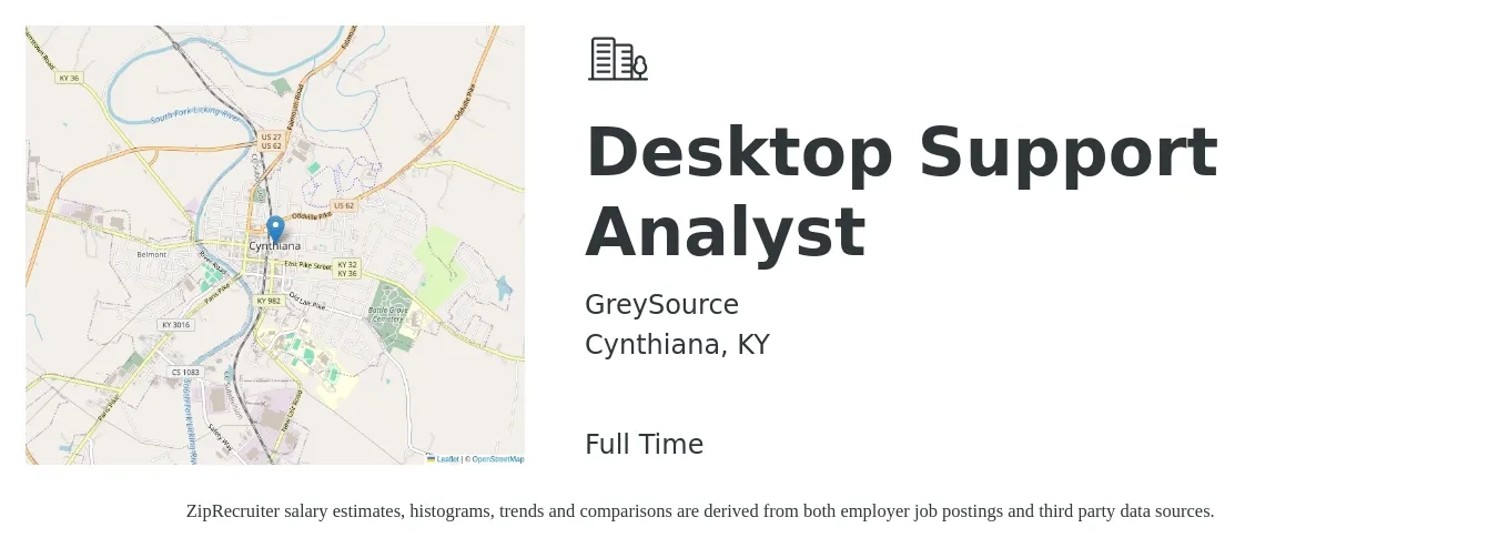 GreySource job posting for a Desktop Support Analyst in Cynthiana, KY with a salary of $22 to $29 Hourly with a map of Cynthiana location.