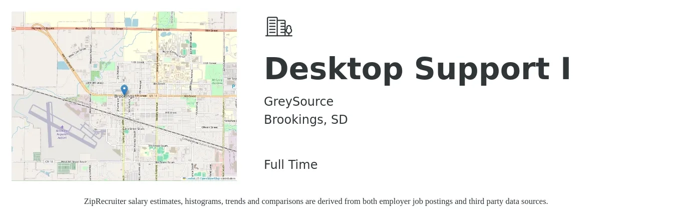 GreySource job posting for a Desktop Support I in Brookings, SD with a salary of $18 to $26 Hourly with a map of Brookings location.