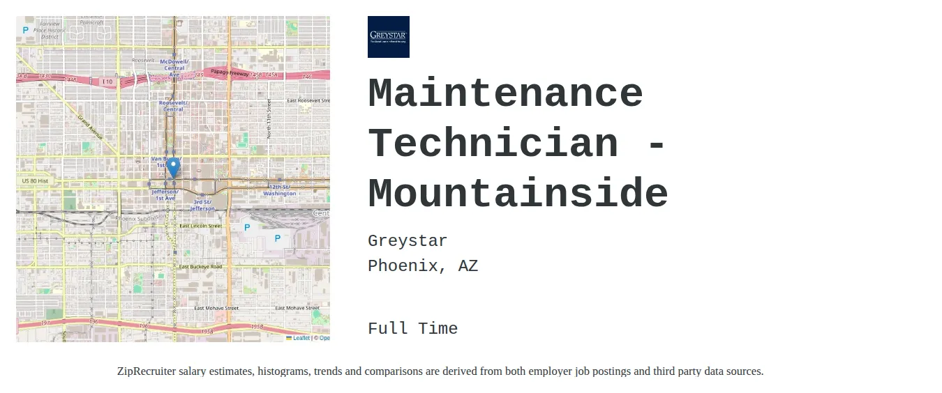 Greystar job posting for a Maintenance Technician - Alta Dove Valley in Phoenix, AZ with a salary of $19 to $27 Hourly and benefits including Medical, Vision, Dental, PTO, and Retirement with a map of Phoenix location.