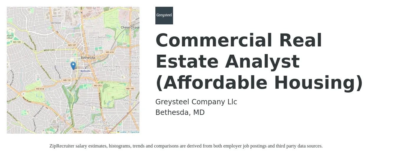 Greysteel Company Llc job posting for a Commercial Real Estate Analyst (Affordable Housing) in Bethesda, MD with a salary of $62,400 to $91,300 Yearly with a map of Bethesda location.
