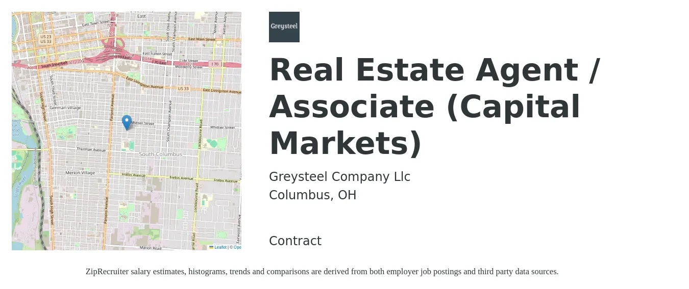 Greysteel Company Llc job posting for a Real Estate Agent / Associate (Capital Markets) in Columbus, OH with a salary of $54,600 to $108,700 Yearly with a map of Columbus location.