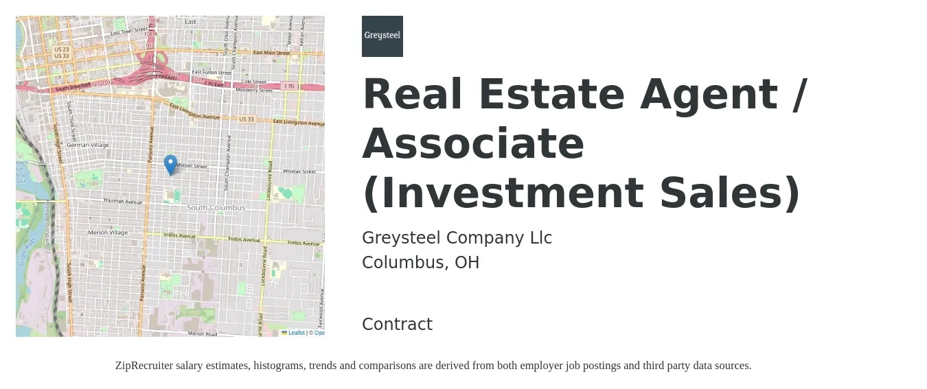 Greysteel Company Llc job posting for a Real Estate Agent / Associate (Investment Sales) in Columbus, OH with a salary of $79,200 to $106,200 Yearly with a map of Columbus location.