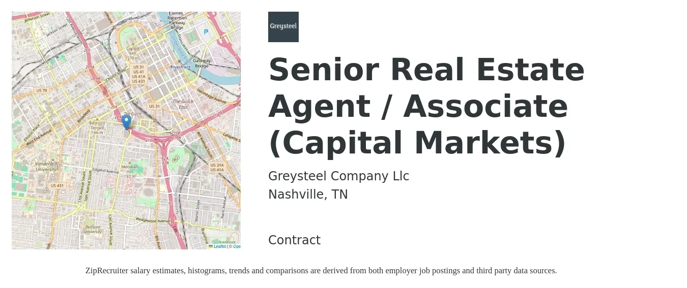 Greysteel Company Llc job posting for a Senior Real Estate Agent / Associate (Capital Markets) in Nashville, TN with a salary of $54,600 to $108,700 Yearly with a map of Nashville location.