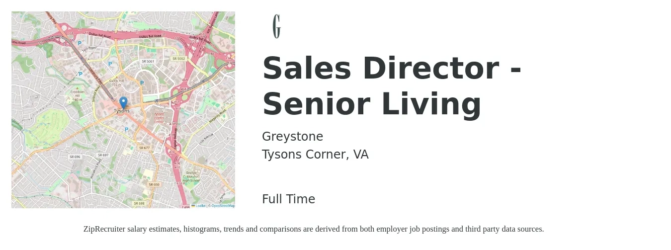 Greystone job posting for a Sales Director - Senior Living in Tysons Corner, VA with a salary of $75,500 to $157,000 Yearly with a map of Tysons Corner location.