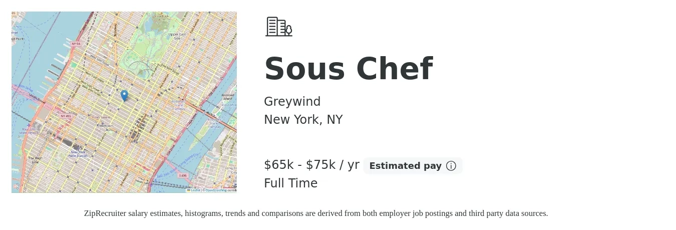 Greywind job posting for a Sous Chef in New York, NY with a salary of $65,000 to $75,000 Yearly with a map of New York location.