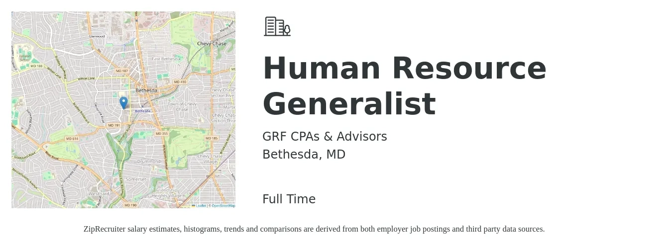 GRF CPAs & Advisors job posting for a Human Resource Generalist in Bethesda, MD with a salary of $55,700 to $79,200 Yearly with a map of Bethesda location.