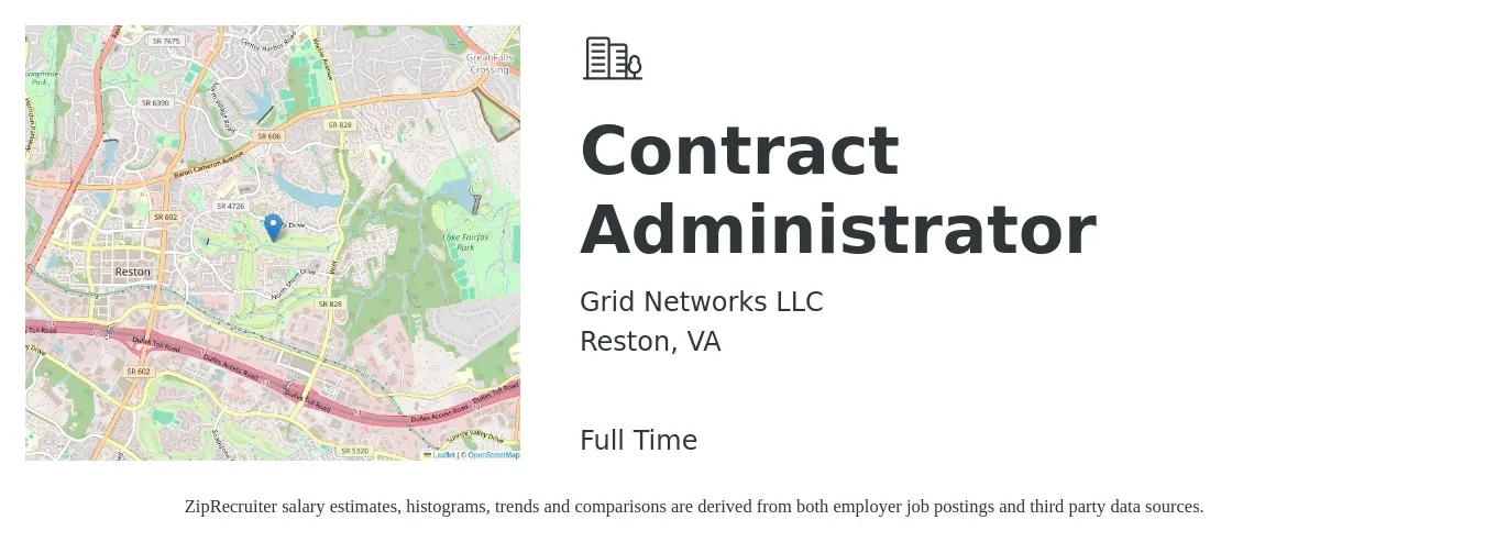 Grid Networks LLC job posting for a Contract Administrator in Reston, VA with a salary of $59,300 to $91,600 Yearly with a map of Reston location.