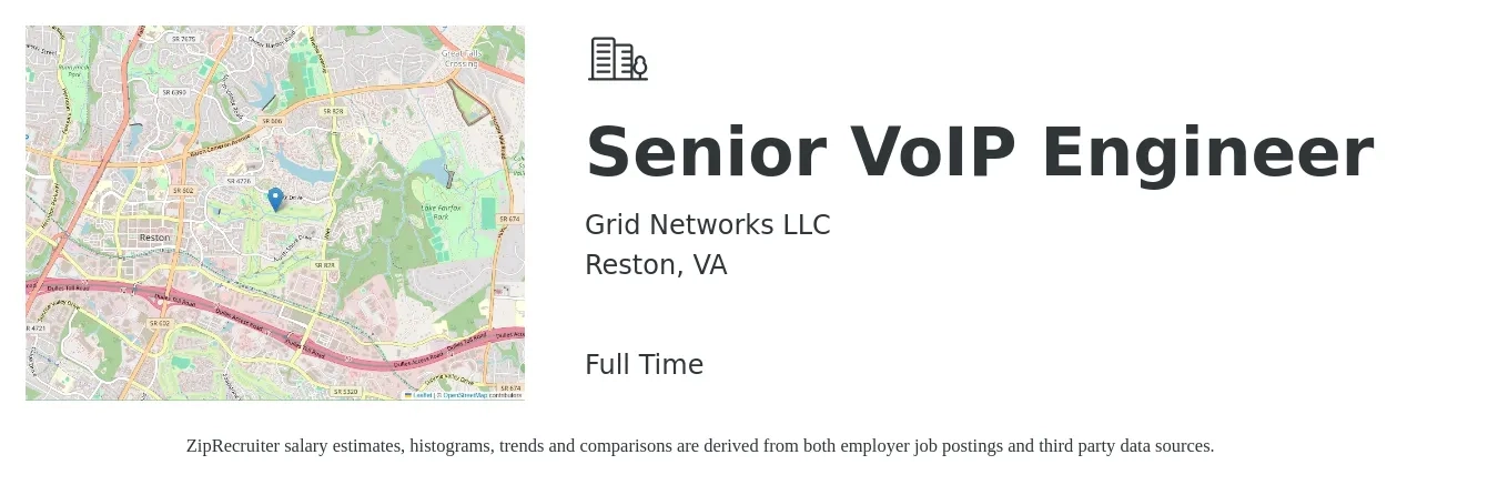 Grid Networks LLC job posting for a Senior VoIP Engineer in Reston, VA with a salary of $44 to $68 Hourly with a map of Reston location.