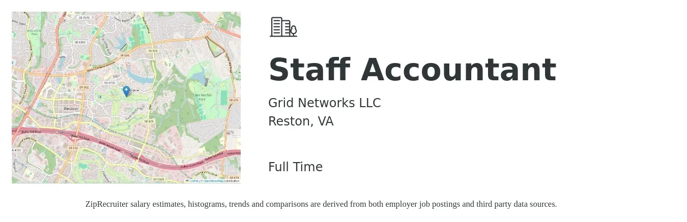 Grid Networks LLC job posting for a Staff Accountant in Reston, VA with a salary of $57,300 to $75,600 Yearly with a map of Reston location.