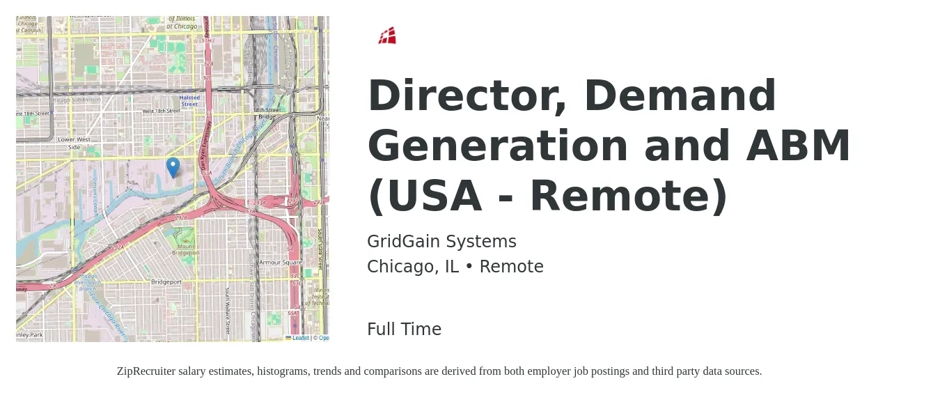 GridGain Systems job posting for a Director, Demand Generation and ABM (USA - Remote) in Chicago, IL with a salary of $89,100 to $154,500 Yearly with a map of Chicago location.
