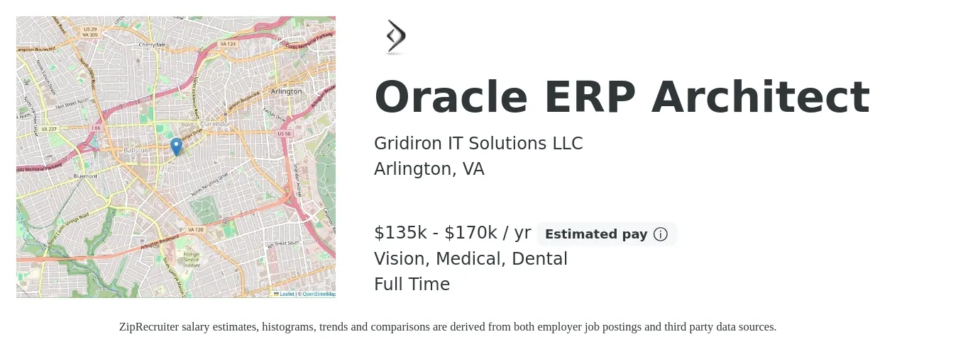 Gridiron IT Solutions LLC job posting for a Oracle ERP Architect in Arlington, VA with a salary of $135,000 to $170,000 Yearly and benefits including dental, life_insurance, medical, retirement, and vision with a map of Arlington location.