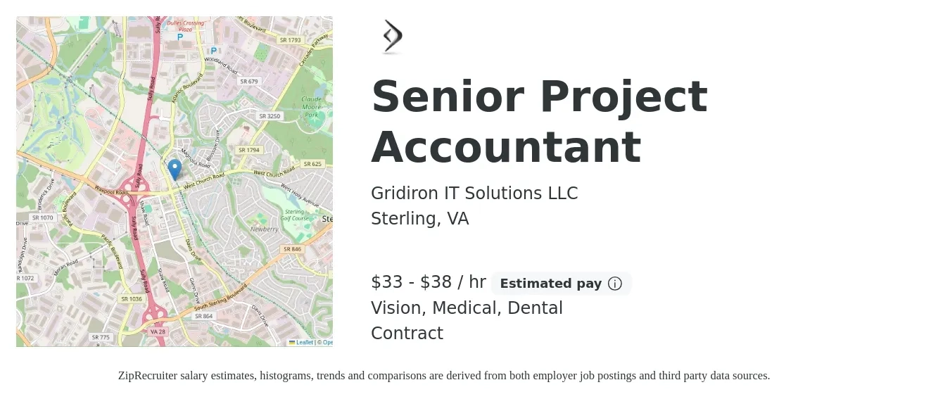 Gridiron IT Solutions LLC job posting for a Senior Project Accountant in Sterling, VA with a salary of $35 to $40 Hourly and benefits including dental, life_insurance, medical, retirement, and vision with a map of Sterling location.