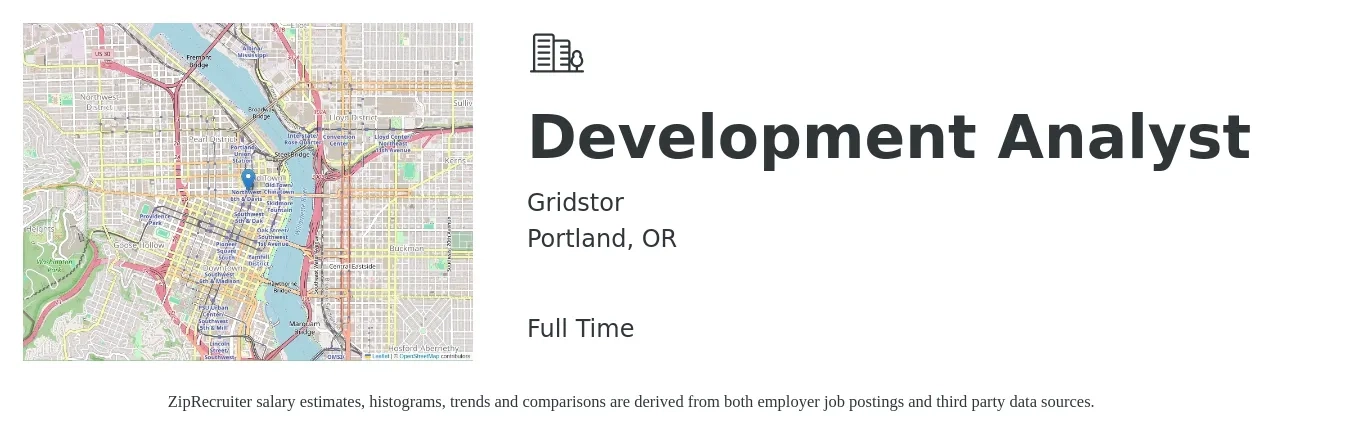 Gridstor job posting for a Development Analyst in Portland, OR with a salary of $56,100 to $98,400 Yearly with a map of Portland location.