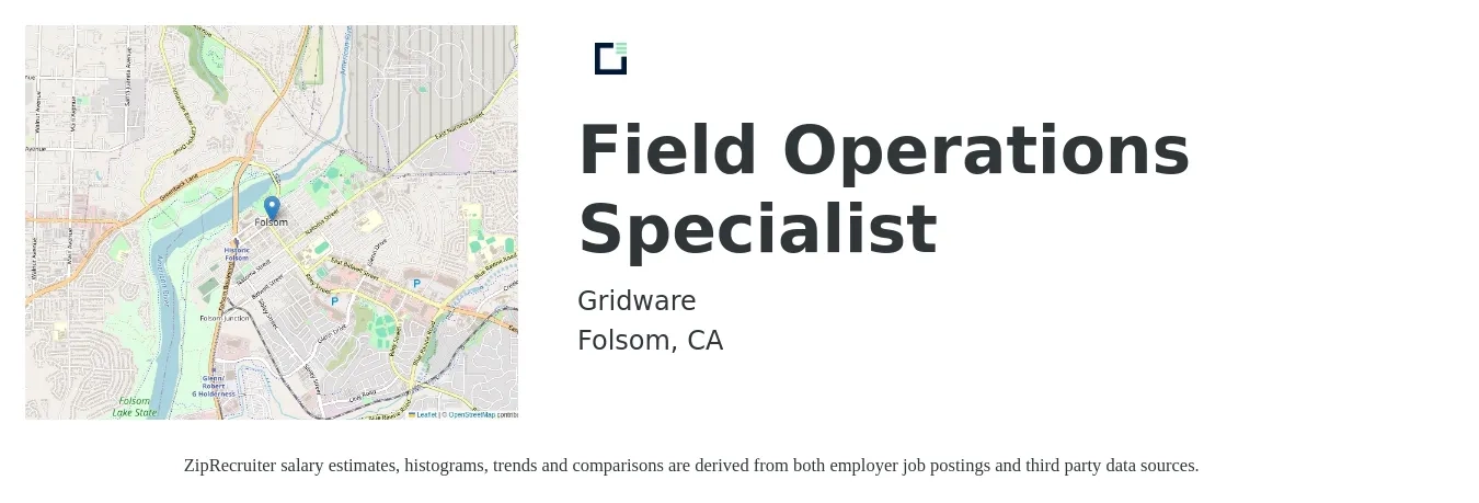 Gridware job posting for a Field Operations Specialist in Folsom, CA with a salary of $23 to $40 Hourly with a map of Folsom location.