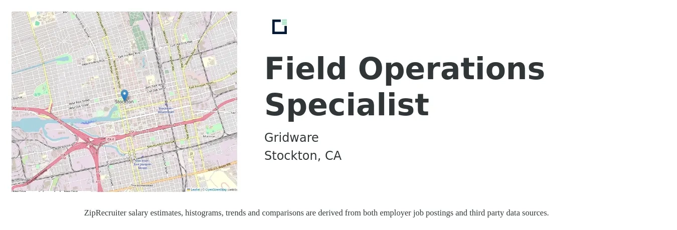 Gridware job posting for a Field Operations Specialist in Stockton, CA with a salary of $23 to $40 Hourly with a map of Stockton location.