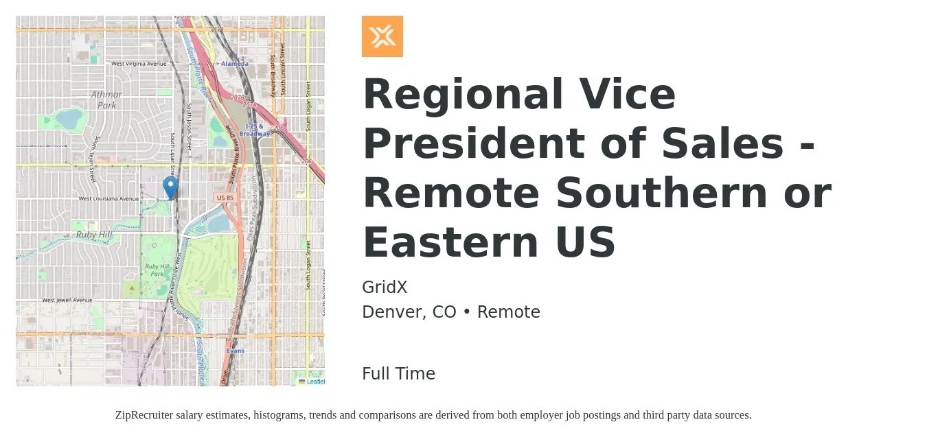 GridX job posting for a Regional Vice President of Sales - Remote Southern or Eastern US in Denver, CO with a salary of $150,000 to $180,000 Yearly with a map of Denver location.