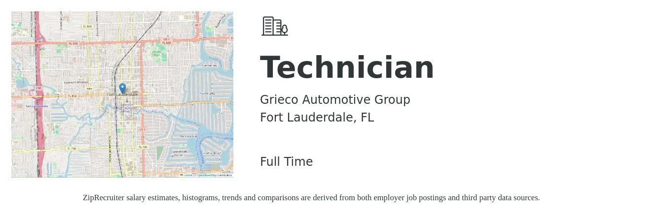 Grieco Automotive Group job posting for a Technician in Fort Lauderdale, FL with a salary of $21 to $33 Hourly with a map of Fort Lauderdale location.
