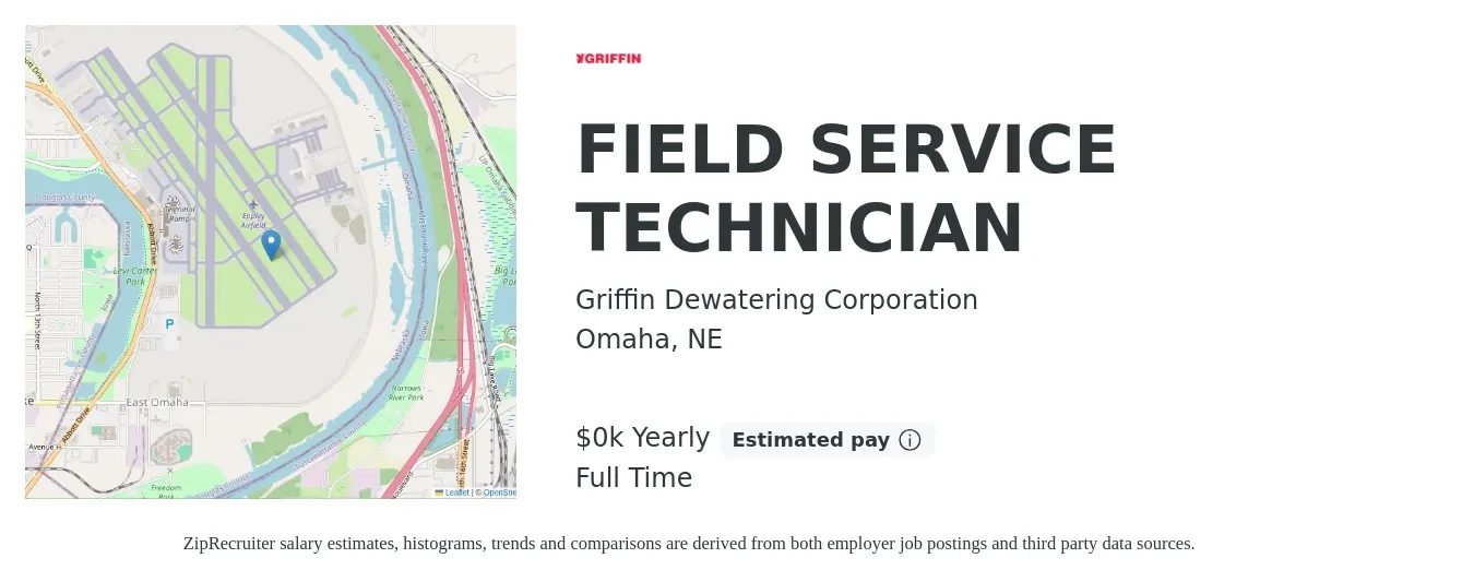 Griffin Dewatering Corporation job posting for a FIELD SERVICE TECHNICIAN in Omaha, NE with a salary of $25 to $28 Yearly with a map of Omaha location.