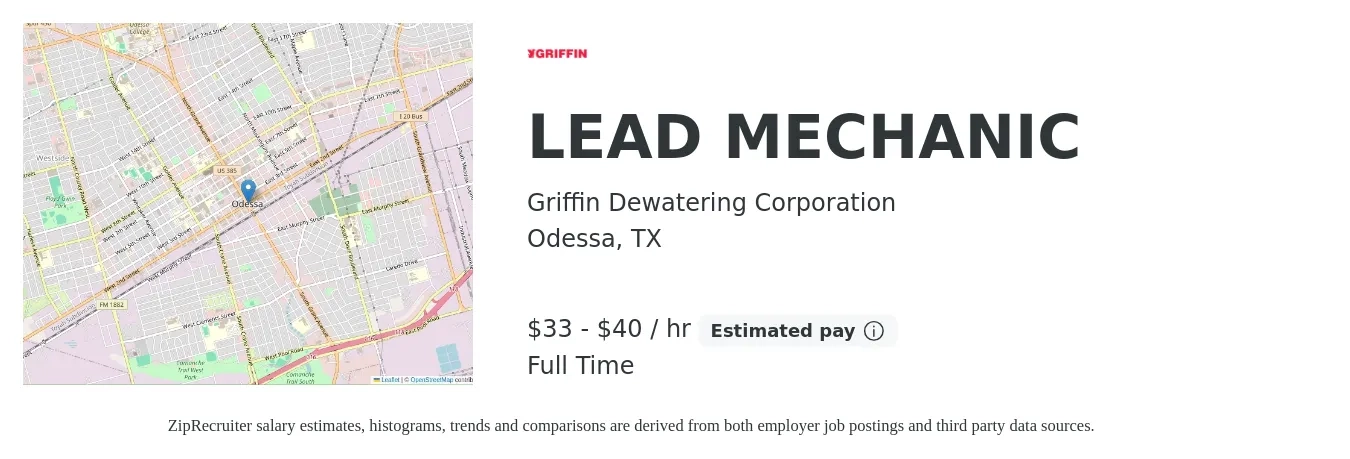 Griffin Dewatering Corporation job posting for a LEAD MECHANIC in Odessa, TX with a salary of $35 to $42 Hourly with a map of Odessa location.