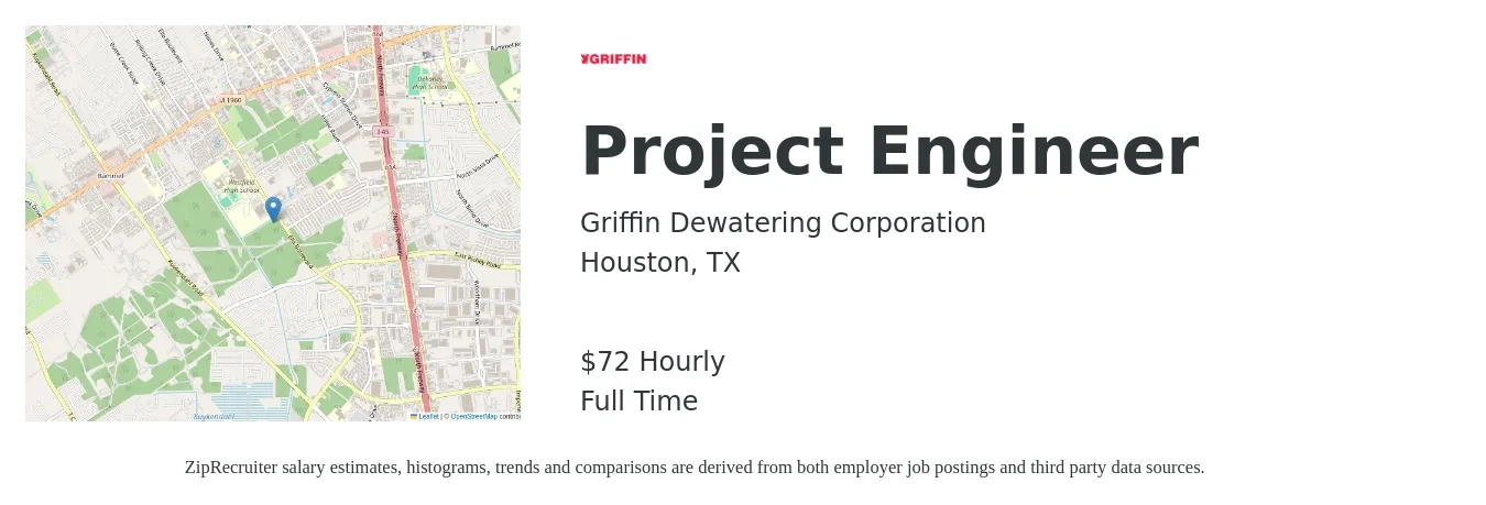 Griffin Dewatering Corporation job posting for a Project Engineer in Houston, TX with a salary of $75,000 to $100,000 Yearly with a map of Houston location.