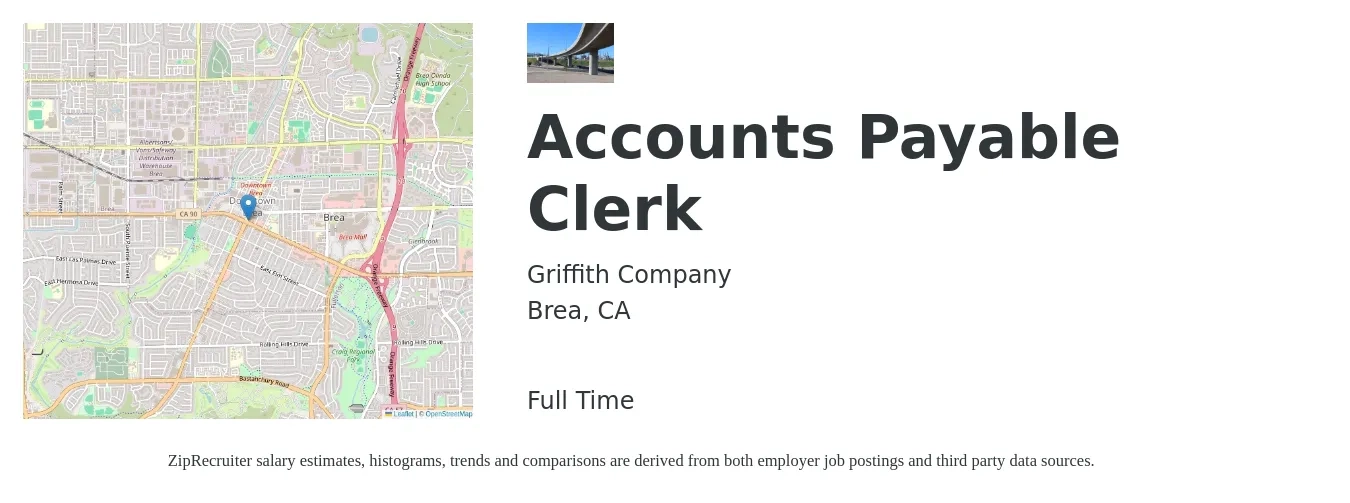 Griffith Company job posting for a Accounts Payable Clerk in Brea, CA with a salary of $22 to $26 Hourly with a map of Brea location.