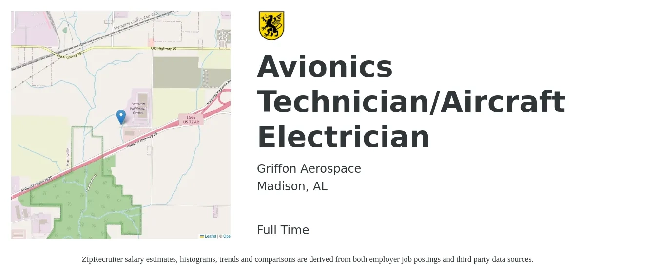 Griffon Aerospace job posting for a Avionics Technician/Aircraft Electrician in Madison, AL with a salary of $26 to $34 Hourly with a map of Madison location.