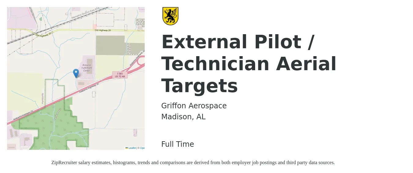 Griffon Aerospace job posting for a External Pilot / Technician Aerial Targets in Madison, AL with a salary of $17 to $24 Hourly with a map of Madison location.