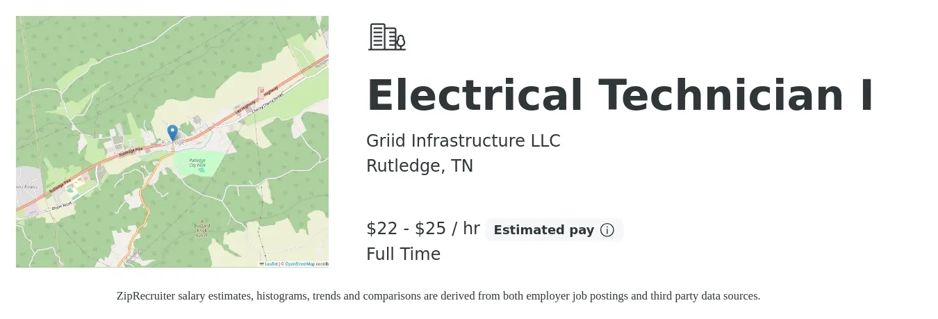 Griid Infrastructure LLC job posting for a Electrical Technician I in Rutledge, TN with a salary of $23 to $26 Hourly with a map of Rutledge location.