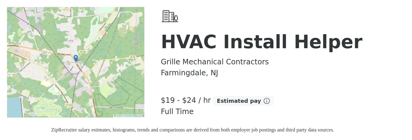 Grille Mechanical Contractors job posting for a HVAC Install Helper in Farmingdale, NJ with a salary of $20 to $25 Hourly with a map of Farmingdale location.