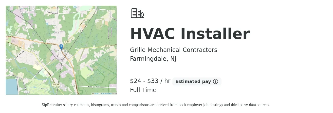 Grille Mechanical Contractors job posting for a HVAC Installer in Farmingdale, NJ with a salary of $25 to $35 Hourly with a map of Farmingdale location.