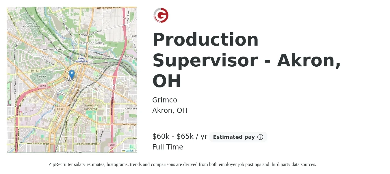 Grimco job posting for a Production Supervisor - Akron, OH in Akron, OH with a salary of $60,000 to $65,000 Yearly with a map of Akron location.