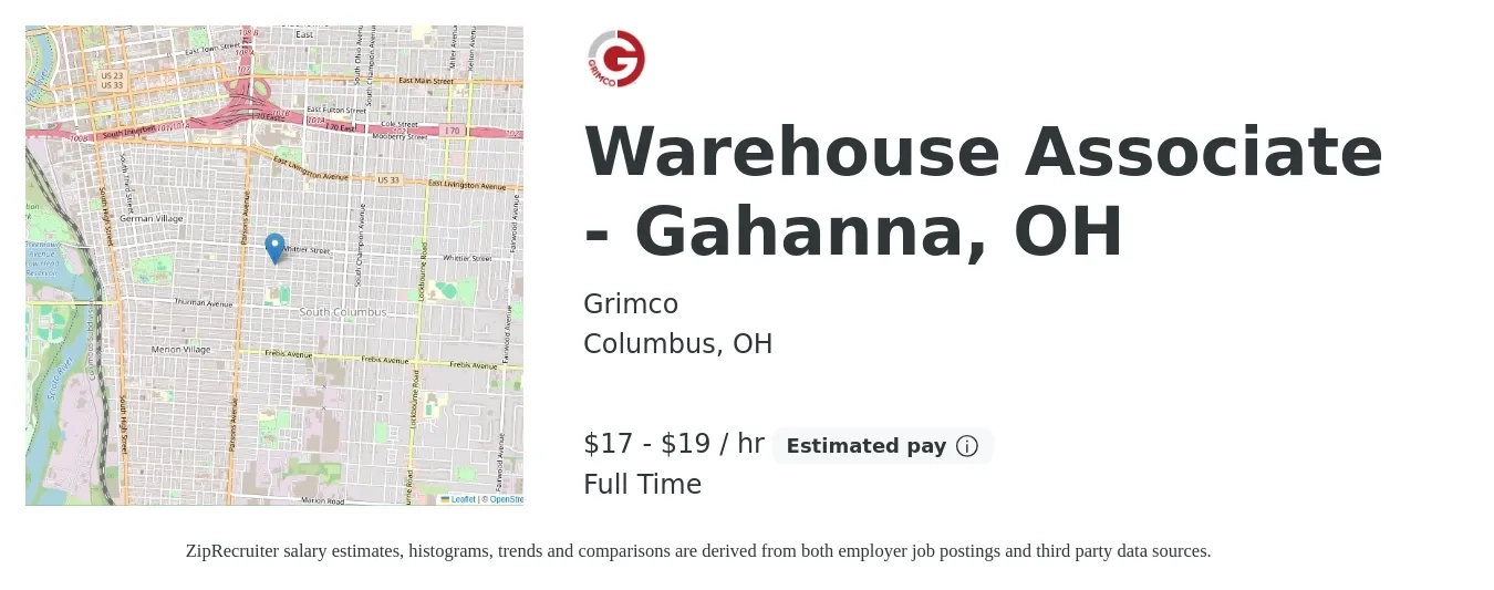Grimco job posting for a Warehouse Associate - Gahanna, OH in Columbus, OH with a salary of $18 to $20 Hourly with a map of Columbus location.