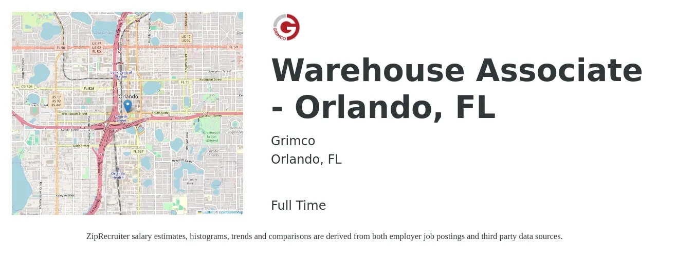 Grimco job posting for a Warehouse Associate - Orlando, FL in Orlando, FL with a salary of $15 to $18 Hourly with a map of Orlando location.