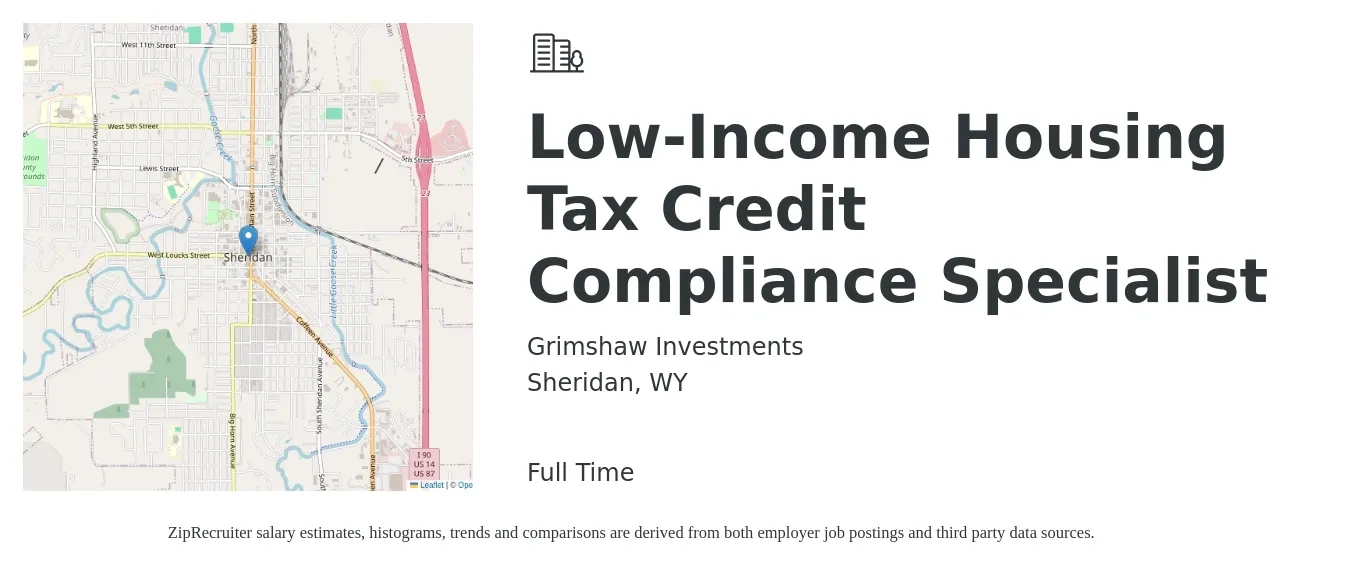 Grimshaw Investments job posting for a Low-Income Housing Tax Credit Compliance Specialist in Sheridan, WY with a salary of $42,800 to $67,200 Yearly with a map of Sheridan location.