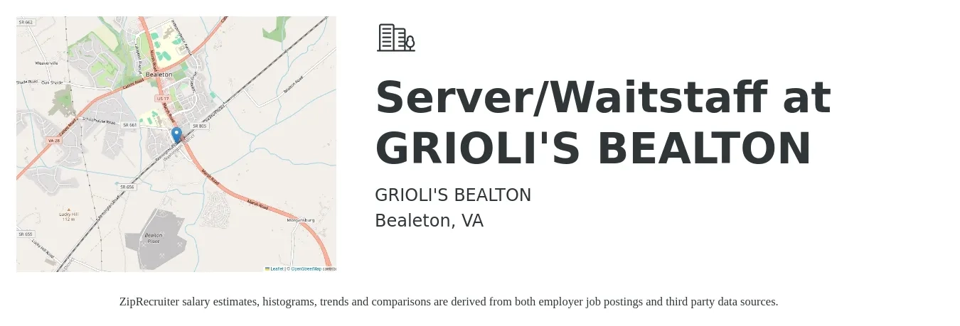 GRIOLI'S BEALTON job posting for a Server/Waitstaff at GRIOLI'S BEALTON in Bealeton, VA with a salary of $12 to $20 Hourly with a map of Bealeton location.