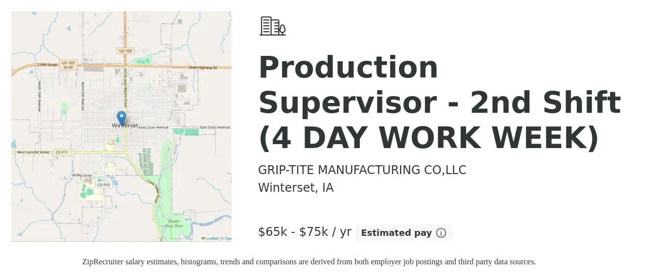 GRIP-TITE MANUFACTURING CO,LLC job posting for a Production Supervisor - 2nd Shift (4 DAY WORK WEEK) in Winterset, IA with a salary of $65,000 to $75,000 Yearly with a map of Winterset location.