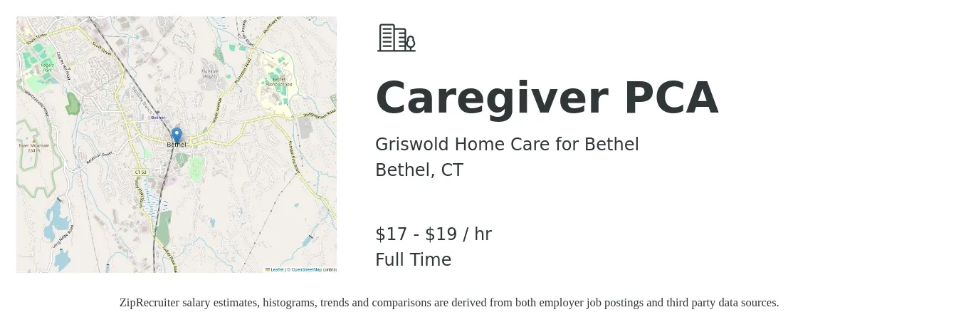 Griswold Home Care for Bethel job posting for a Caregiver PCA in Bethel, CT with a salary of $18 to $20 Hourly with a map of Bethel location.