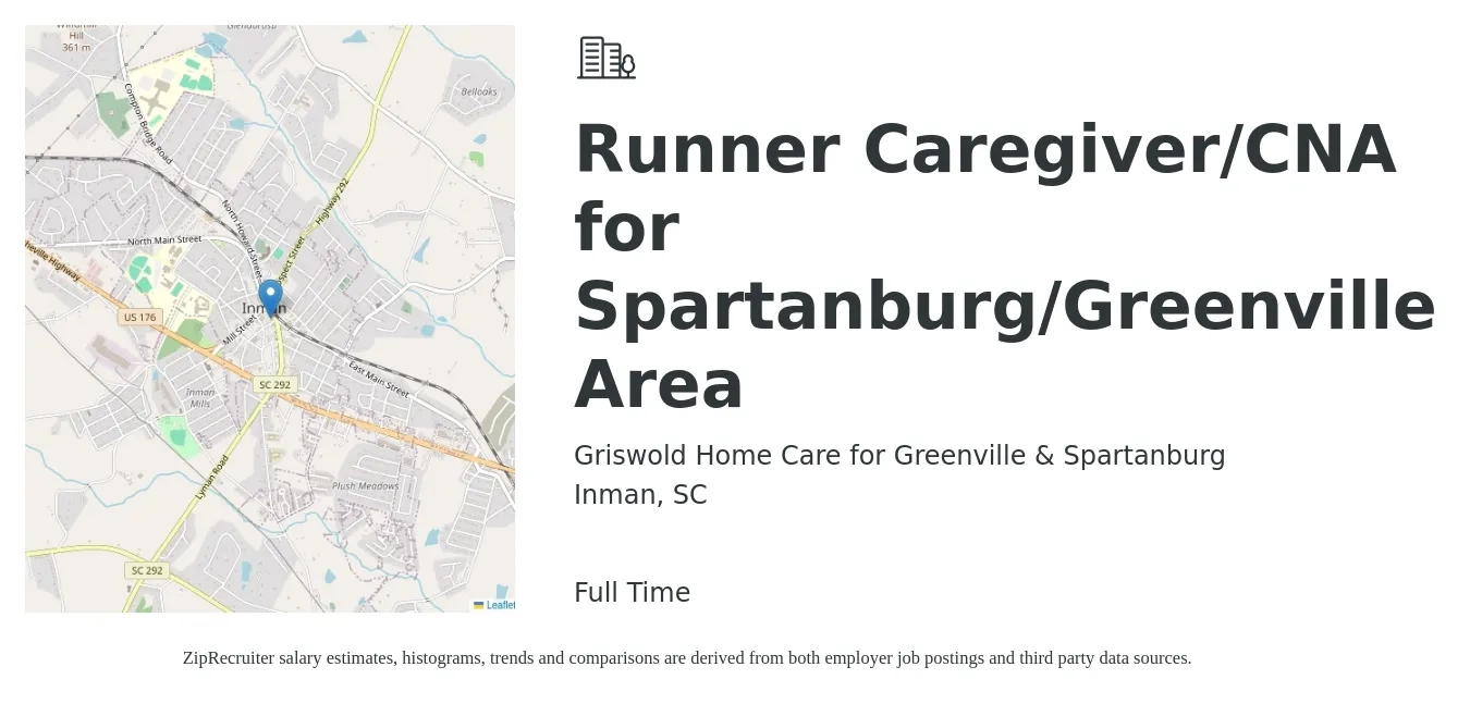 Griswold Home Care for Greenville & Spartanburg job posting for a Runner Caregiver/CNA for Spartanburg/Greenville Area in Inman, SC with a salary of $12 to $15 Hourly with a map of Inman location.