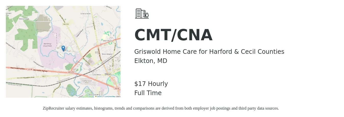 Griswold Home Care for Harford & Cecil Counties job posting for a CMT/CNA in Elkton, MD with a salary of $18 Hourly with a map of Elkton location.