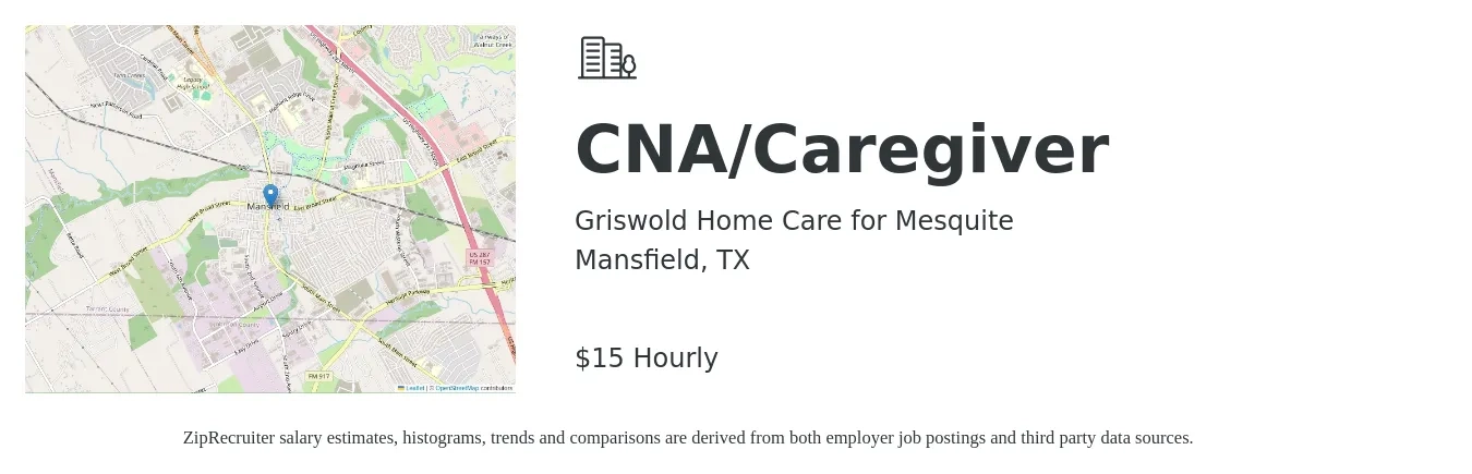 Griswold Home Care for Mesquite job posting for a CNA/Caregiver in Mansfield, TX with a salary of $16 Hourly with a map of Mansfield location.