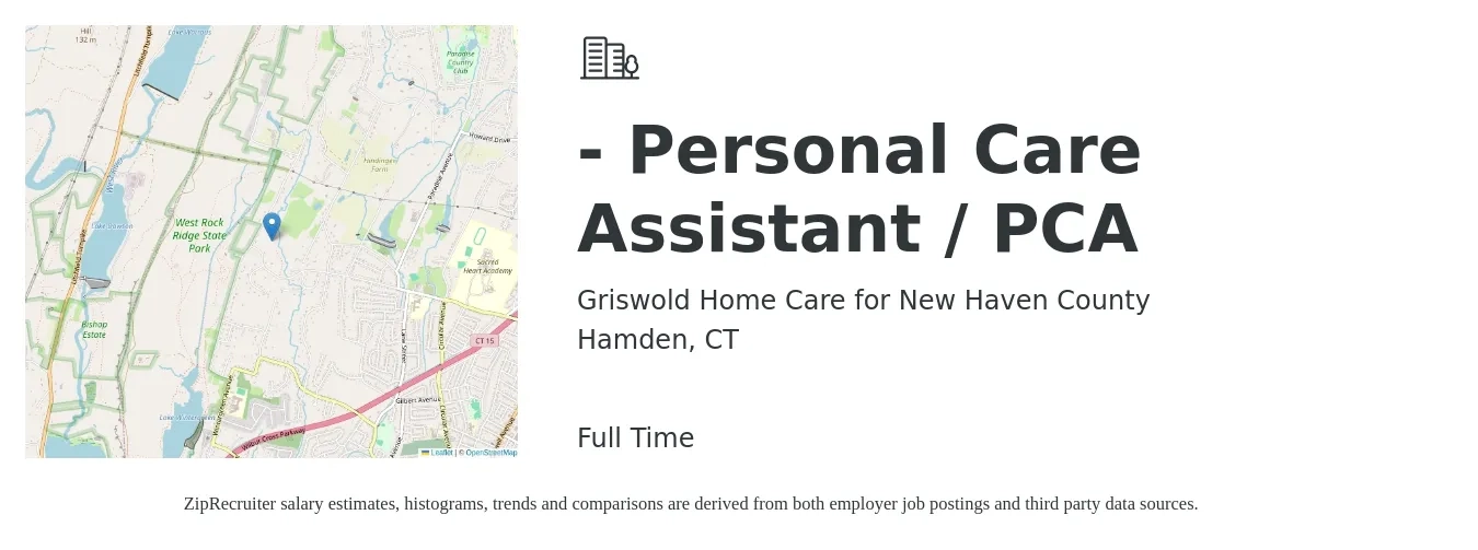 Griswold Home Care for New Haven County job posting for a - Personal Care Assistant / PCA in Hamden, CT with a salary of $13 to $17 Hourly with a map of Hamden location.