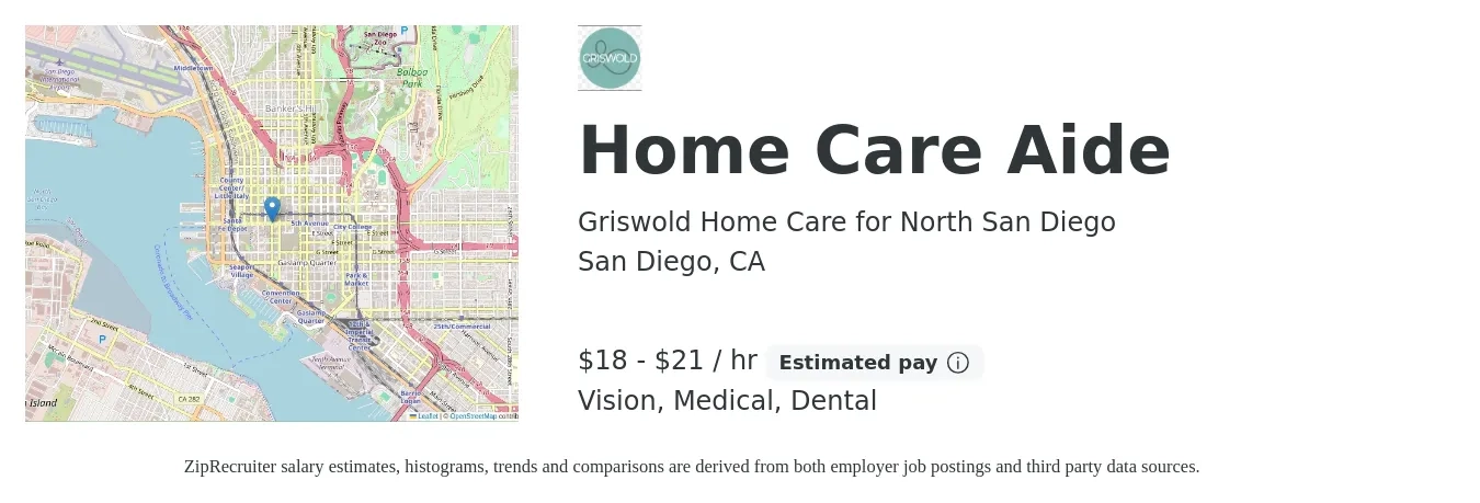 Griswold Home Care for North San Diego job posting for a Home Care Aide in San Diego, CA with a salary of $19 to $22 Hourly and benefits including life_insurance, medical, pto, retirement, vision, and dental with a map of San Diego location.