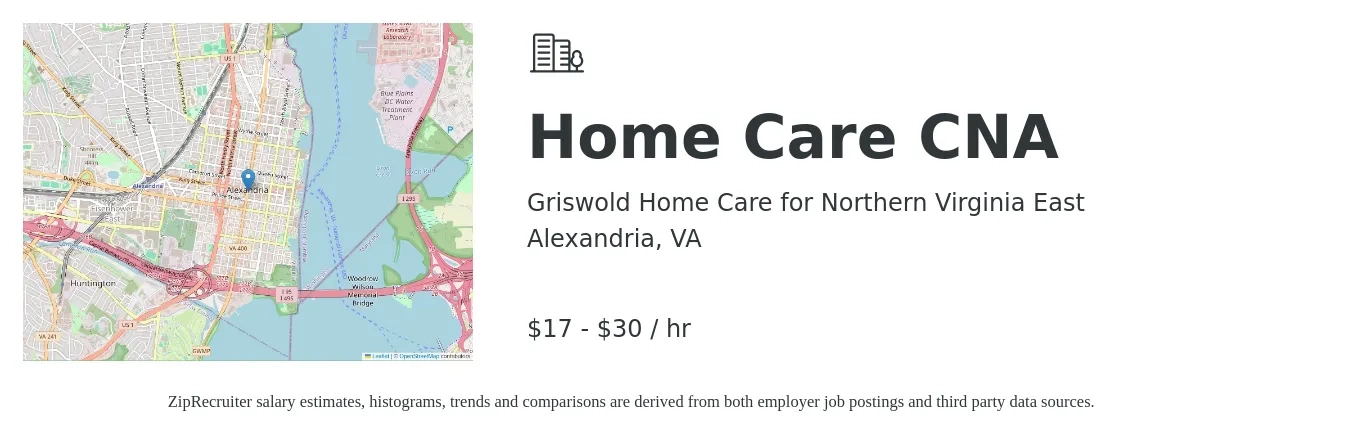 Griswold Home Care for Northern Virginia East job posting for a Home Care CNA in Alexandria, VA with a salary of $18 to $32 Hourly with a map of Alexandria location.