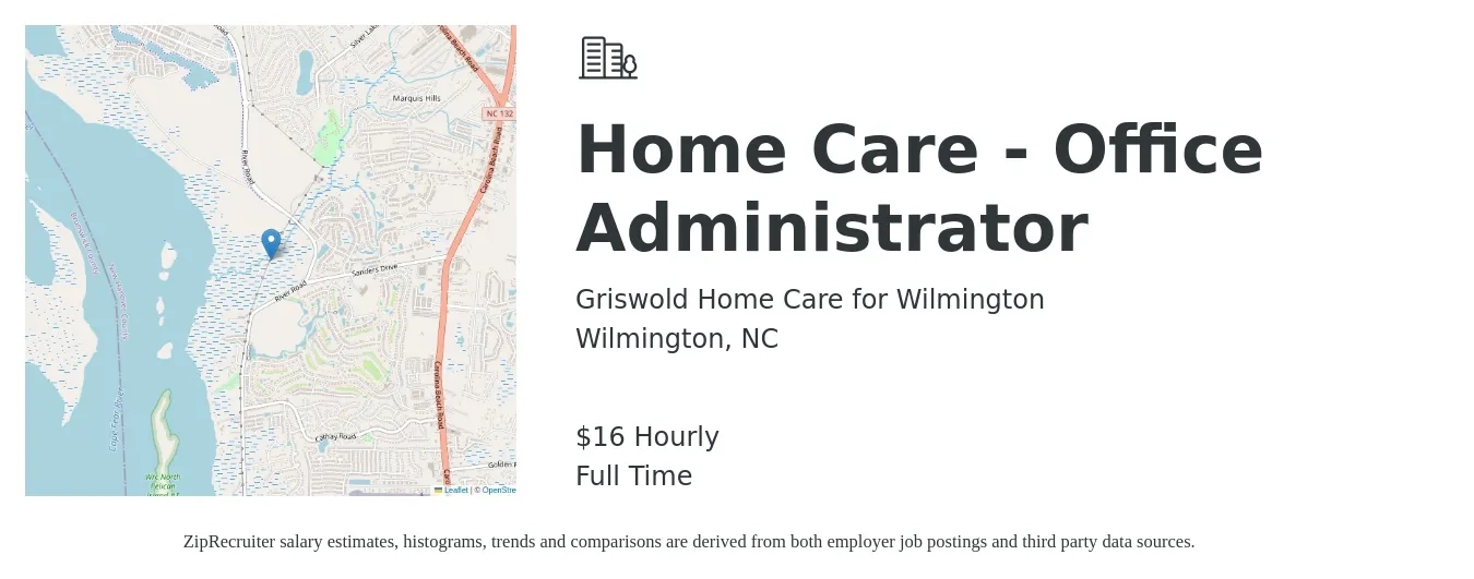 Griswold Home Care for Wilmington job posting for a Home Care - Office Administrator in Wilmington, NC with a salary of $18 Hourly with a map of Wilmington location.