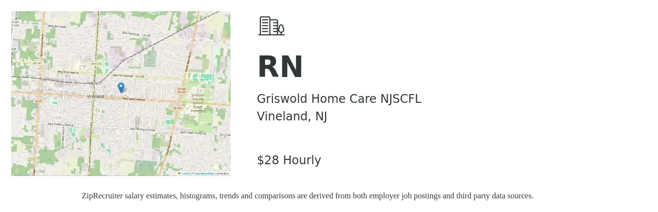 Griswold Home Care NJSCFL job posting for a RN in Vineland, NJ with a salary of $30 Hourly with a map of Vineland location.