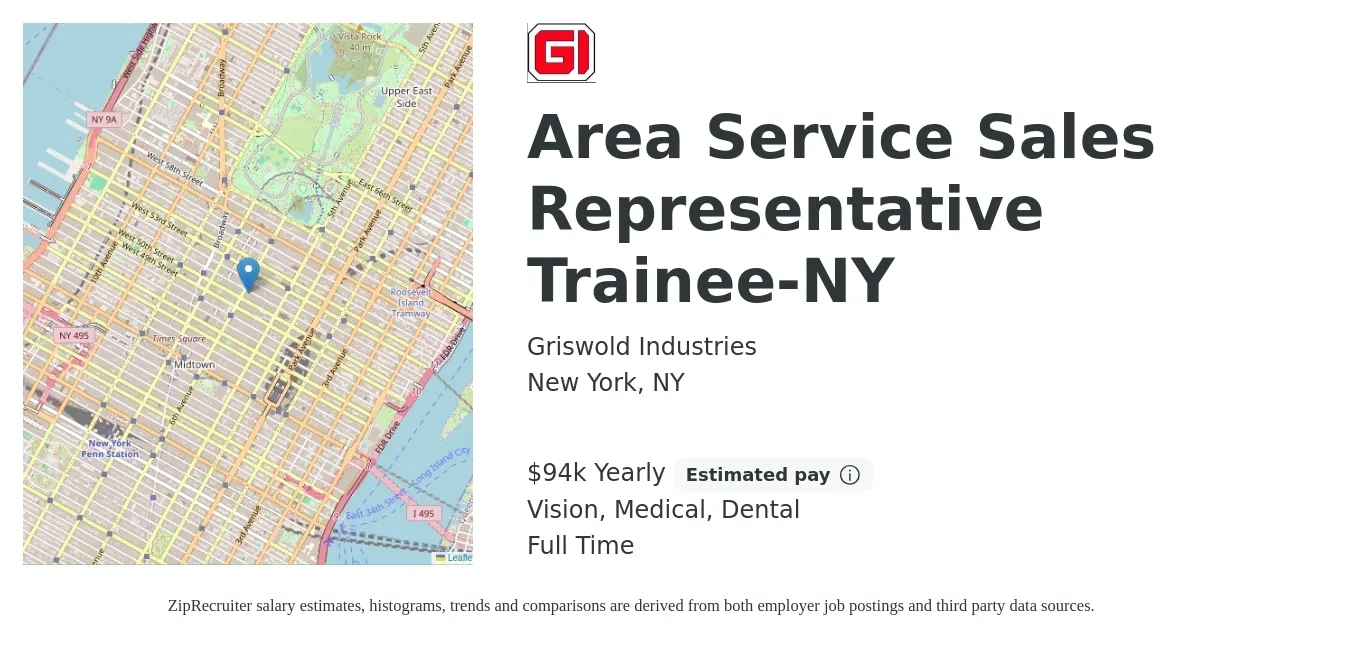 Griswold Industries job posting for a Area Service Sales Representative Trainee-NY in New York, NY with a salary of $31,200 to $94,461 Yearly and benefits including dental, life_insurance, medical, retirement, and vision with a map of New York location.