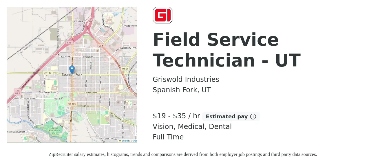 Griswold Industries job posting for a Field Service Technician - UT in Spanish Fork, UT with a salary of $20 to $37 Hourly and benefits including life_insurance, medical, retirement, vision, and dental with a map of Spanish Fork location.