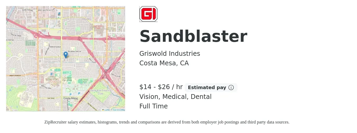 Griswold Industries job posting for a Sandblaster in Costa Mesa, CA with a salary of $16 to $28 Hourly and benefits including dental, life_insurance, medical, retirement, and vision with a map of Costa Mesa location.