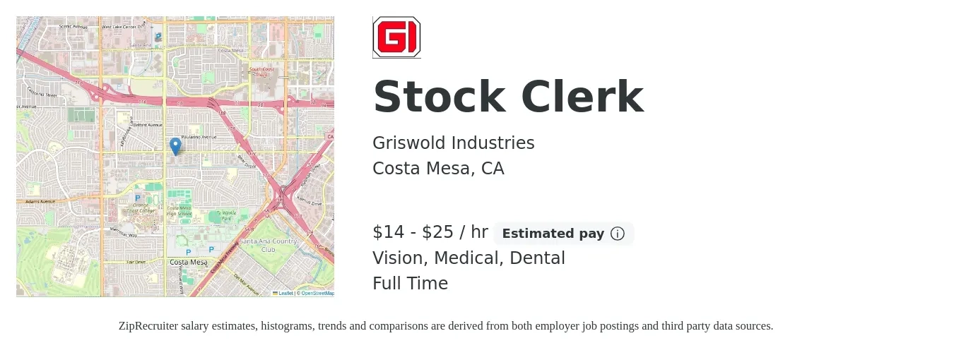 Griswold Industries job posting for a Stock Clerk in Costa Mesa, CA with a salary of $17 to $21 Hourly with a map of Costa Mesa location.